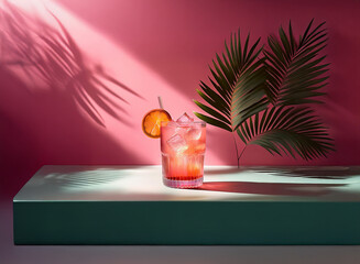 Poster - Sunlit pink backdrop highlights an iced cocktail in a rocks glass.  Palm fronds add a tropical touch, casting shadows on a teal surface.  Refreshing summer vibes.