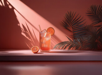 Poster - Sunlit orange cocktail in a tall glass with ice, garnished with orange slices, rests on a shelf next to palm leaves, casting shadows on a coral wall.  A summery, refreshing scene.