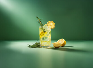 Poster - Refreshing lemon rosemary drink in tall glass with ice, garnished with lemon slices and rosemary sprig.  Green background, sunlit scene.