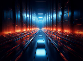 Aufkleber - A futuristic corridor glows with vibrant blue and orange neon lights.  Reflective surfaces create a sense of depth and mystery within the sleek, metallic environment.