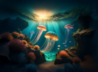 Aufkleber - Luminous jellyfish drift in a sunlit underwater scene, amidst vibrant coral and rocky formations.  A tranquil, ethereal underwater world.