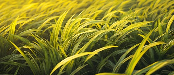 Poster - Lush Green Grass Field Bathed in Golden Light During Sunrise, Capturing the Tranquil Beauty of Nature's Landscape in Early Morning Hours