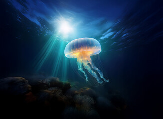 Aufkleber - A luminous jellyfish drifts in the deep ocean, sunlight filtering through the water above, illuminating its translucent bell and trailing tentacles.  The seabed is dark and mysterious below.