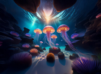 Aufkleber - A mesmerizing underwater scene.  Bio-luminescent jellyfish illuminate a vibrant coral reef, bathed in ethereal sunlight filtering from above.  The seabed is a dreamscape of glowing flora and fauna.