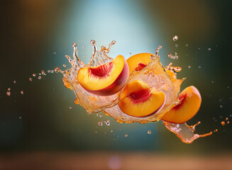 Aufkleber - Juicy peach slices suspended in a vibrant water splash, showcasing their ripe, sweet interiors against a blurred background.  The scene is bright and refreshing.
