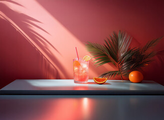 Poster - Sunlit scene of an iced cocktail garnished with orange slices.  A palm frond and whole orange add tropical vibes.  The pale blue surface reflects the warm light.