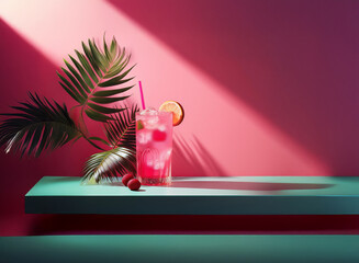 Poster - A refreshing pink cocktail garnished with lime and raspberries sits on a teal shelf, bathed in sunlight, beside tropical leaves.  The vibrant colors evoke a summery, tropical mood.
