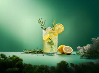 Poster - Refreshing rosemary lemonade in a rocks glass, garnished with lemon slices and sprigs.  Iced beverage sits on a green surface with evergreen accents.