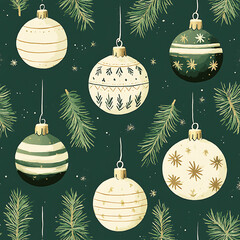 Wall Mural - Festive Christmas ornaments hang against dark green background, surrounded by pine branches, creating cheerful holiday atmosphere