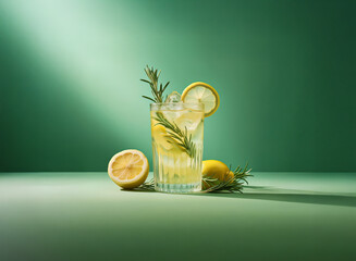 Poster - Refreshing rosemary lemonade in a glass, garnished with lemon slices and sprigs.  Cool green backdrop enhances the vibrant drink. Icy and summery.