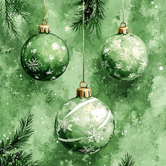 Wall Mural - festive illustration featuring green Christmas ornaments hanging against textured green background, evoking cheerful holiday spirit