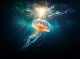 Aufkleber - A majestic jellyfish floats gracefully in the deep ocean, backlit by a radiant sun creating a dramatic underwater scene.  The creature's translucent bell and flowing tentacles are beautifully illumina
