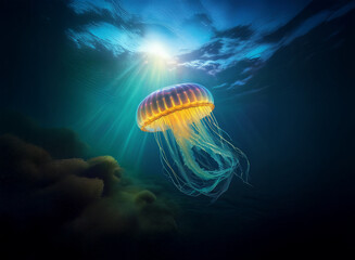 Aufkleber - A bioluminescent jellyfish gracefully floats in the deep ocean, sunlight filtering from above, illuminating its translucent bell and trailing tentacles.  The seabed is dark and mysterious below.