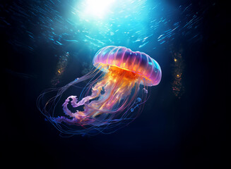 Aufkleber - A bioluminescent jellyfish gracefully floats in the deep ocean, illuminated by an ethereal light.  Surrounding it are shimmering particles, creating a magical underwater scene.