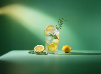 Poster - Refreshing rosemary lemonade with lemon slices and ice in a tall glass, bathed in sunlight against a green backdrop.  A sprig of rosemary and lemon halves rest beside the drink.