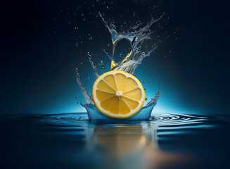 Poster - A vibrant lemon slice creates a dramatic splash in a dark blue liquid, the ripples reflecting its bright yellow.  The scene is dynamic and full of energy.