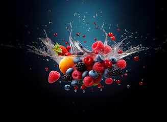 Aufkleber - Vibrant berries and an apricot suspended in a dynamic water splash against a dark blue background.  The image evokes freshness and juicy deliciousness.