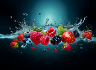 Aufkleber - A vibrant splash of water reveals a medley of fresh berries: strawberries, raspberries, blueberries, and blackberries, creating a juicy, tempting image.