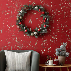 Wall Mural - festive red wallpaper features decorative wreath adorned with ornaments, creating cozy holiday atmosphere. comfortable sofa and seasonal decor complete scene