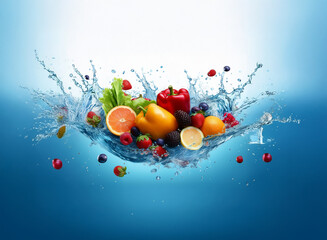 Poster - Vibrant fruits and vegetables burst from a refreshing water splash, showcasing their juicy freshness and natural beauty.  A captivating display of healthy eating.