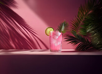 Poster - Pink cocktail with ice and lime wedge, sits on a pink surface, bathed in sunlight. Palm fronds frame the scene, casting shadows on the wall.  Tropical, summery vibe.