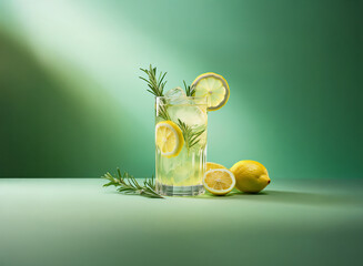 Poster - Refreshing lemonade with rosemary garnish, ice cubes, and lemon slices in a tall glass against a green backdrop.  Sunlight highlights the drink.