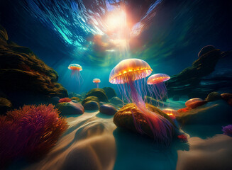 Aufkleber - Sunbeams illuminate a vibrant underwater scene.  Glowing jellyfish drift near colorful coral and smooth rocks on a sandy seabed.  The ocean's depths shimmer with ethereal beauty.