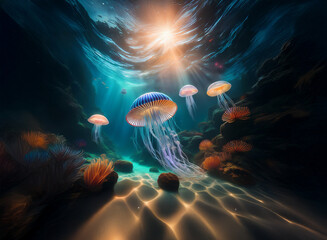 Aufkleber - Sunbeams illuminate a vibrant underwater scene.  Four bioluminescent jellyfish gracefully drift above a sandy seabed, surrounded by colorful coral and sea anemones.