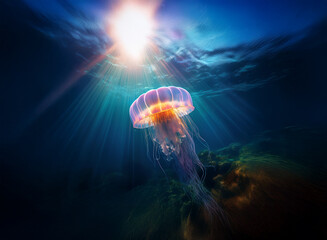Aufkleber - A majestic jellyfish floats in the ocean depths, bathed in the ethereal glow of sunlight piercing the water's surface.  Its translucent bell and trailing tentacles create a mesmerizing underwater scen