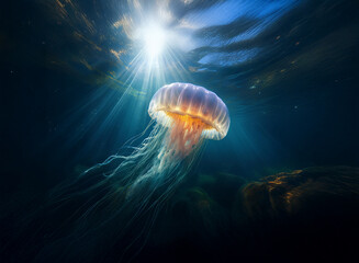 Aufkleber - Sunbeams illuminate a majestic jellyfish underwater, its translucent bell and trailing tentacles glowing against a dark, rocky seabed.  The scene evokes a sense of mystery and wonder.