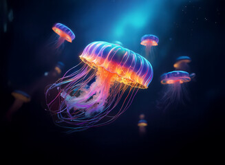 Aufkleber - Mesmerizing bioluminescent jellyfish gracefully drift in a dark ocean, their vibrant colors illuminating the deep.