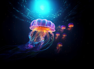 Aufkleber - Mesmerizing bioluminescent jellyfish gracefully drift in a deep ocean scene, illuminated by an ethereal glow.  Their translucent bells and vibrant tentacles create a magical underwater spectacle.