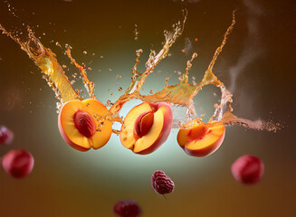 Poster - A vibrant image of peach halves suspended in mid-air, surrounded by a dynamic splash of juice.  Smaller fruits fall around them against a blurred background.