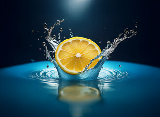 Poster - A vibrant lemon slice creates a dynamic splash in clear blue water. The contrasting colors and the motion of the water droplets make for a refreshing image.