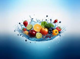 Poster - A vibrant mix of fresh fruits and vegetables splashing into clear water, creating a dynamic and healthy image.  The colorful produce is suspended in mid-air, showcasing its juicy freshness.