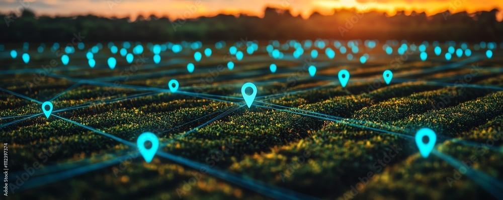 Aerial view of land plots with digital markers and network lines ...