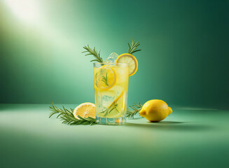 Poster - Refreshing lemonade with rosemary garnish in a tall glass, ice cubes, and lemon slices on a teal background.  Sunlight illuminates the scene.