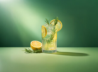 Poster - Refreshing lemon rosemary drink in a tall glass with ice, garnished with lemon slices and sprigs of rosemary.  Illuminated against a vibrant green backdrop.