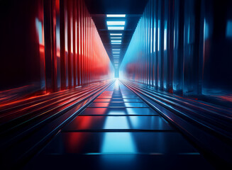 Poster - A futuristic corridor glows with vibrant red and blue neon lights, reflecting on a sleek, metallic floor. The perspective creates a sense of depth and mystery.