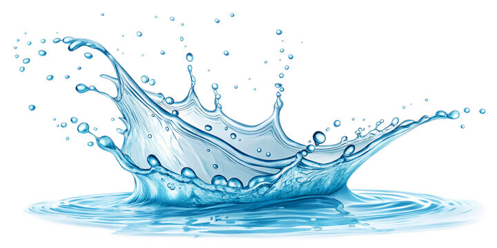 Water Splashes flow shapes with drops, shower and waves illustration isolated white color background. liquid transparent splashing with droplets, clear aqua falling or pour with air bubbles.