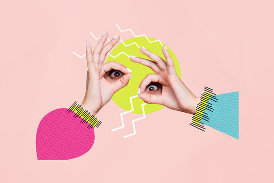 Composite photo collage of hands hold eyeball vision stare spy eyesight observer look okay gesture isolated on painted background