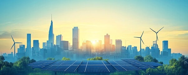 Poster - Conceptual image of wind turbines, solar panels, and green energy technology integrated into a modern cityscape, symbolizing sustainable power engineering and ecofriendly solutions