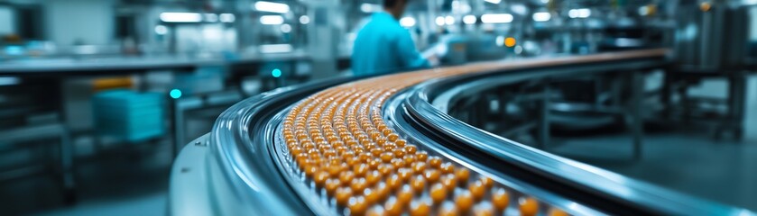 Poster - Futuristic pharmaceutical factory with automated systems and a sterile environment, processing pills and drugs on hightech conveyor belts