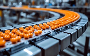 Leinwandbilder - Modern pharmaceutical factory with hightech machinery and a conveyor system, efficiently packaging drugs and pills in a sterile production environment