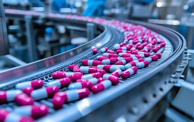 Poster - Modern pharmaceutical factory with hightech machinery and a conveyor system, efficiently packaging drugs and pills in a sterile production environment