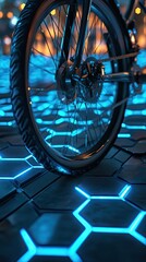 Canvas Print - Bicycle Wheel on Futuristic Blue Hexagon Floor