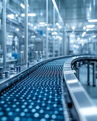 Poster - A futuristic pharmaceutical factory with advanced conveyor belts, processing and packaging pharmaceutical products in a sterile, stateoftheart facility