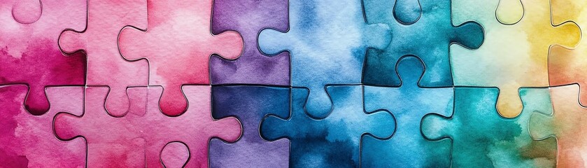 Poster - Colorful interlocking puzzle pieces with a watercolor texture