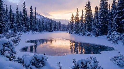 Poster - Serene Winter Landscape with Reflective Ice-Covered Lake Surrounded by Snow-Capped Trees against a Beautiful Sunset Sky in a Peaceful Wilderness Setting