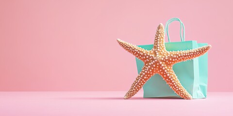 Poster - Starfish Rests on Ocean Floor with Turquoise Bag Against Soft Pink Background